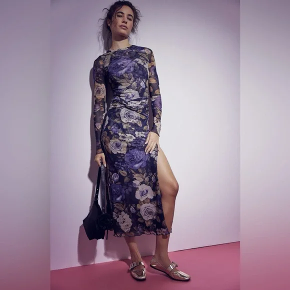 Free People Mesh Romantic Slit Maxi Dress Bodycon Whimsigoth Stretch Boho - Picture 1 of 10